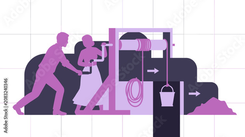 Flat Vector Illustration of People Working a Traditional Well Winch