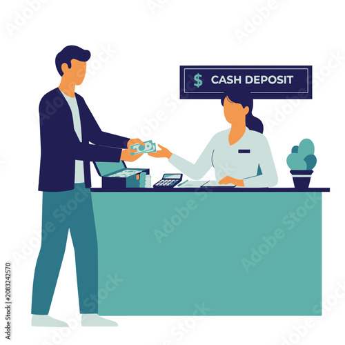 Man depositing cash at a bank counter