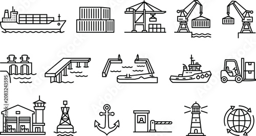 Schilderij op canvas Marine Port and Sea Freight Logistics Line Icon Set Featuring Container Ships Ha