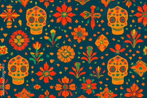 Foto Vibrant Mexican folk art pattern featuring sugar skulls, marigolds, and crosses on a dark teal background, celebrating Dia de los Muertos