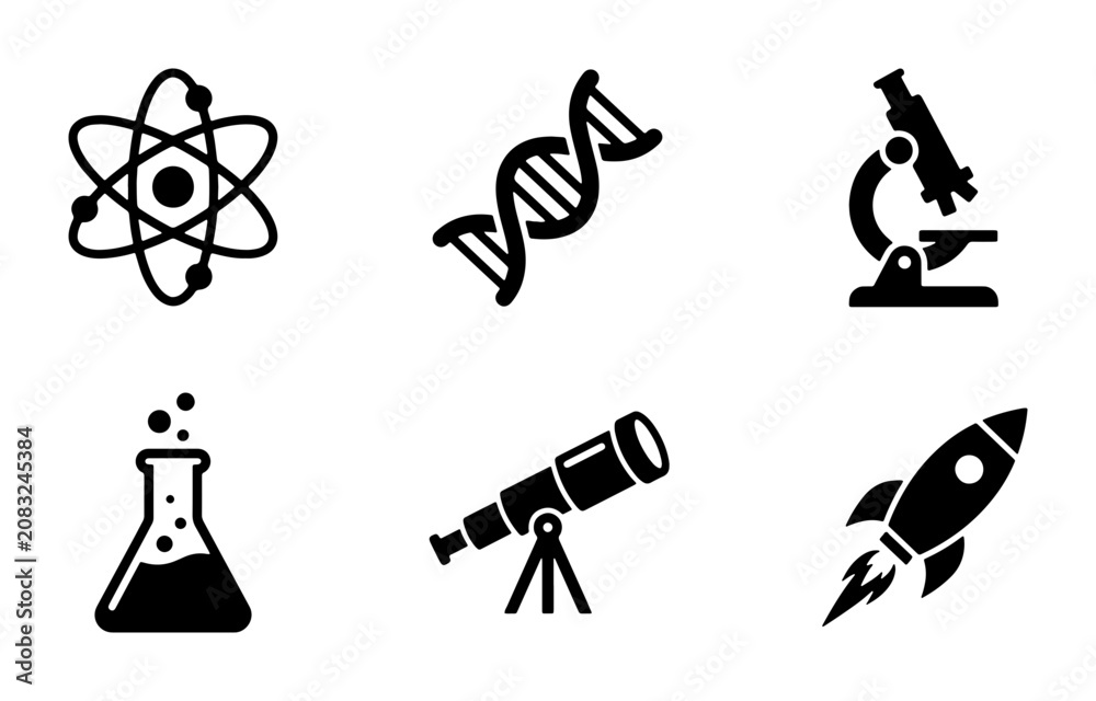 Obraz premium Science Icons Set: Atom, DNA, Microscope, Flask, Telescope, Rocket, Research, Discovery, Innovation, Technology
