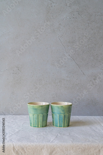 Still life of handmade ceramic coffee cups