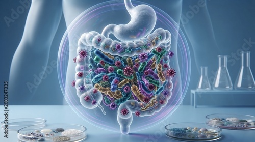 Human gut microbiome with glowing bacteria in digestive system, intestine and stomach, medical 3D illustration, gut health concept
