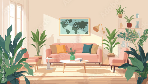 Tableau sur toile A cozy and brightly lit living room filled with numerous green potted plants, featuring a pink sofa, armchairs, a coffee table, and a world map on the wall