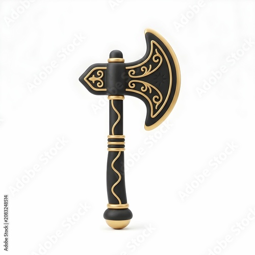 3D illustration of an ornate medieval battle axe with black blade and gold filigree patterns isolated on white background