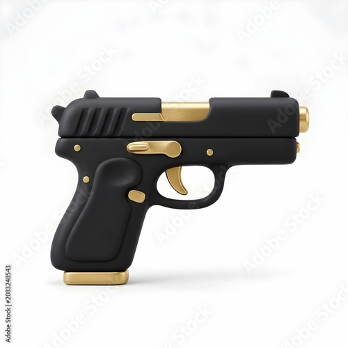 3D illustration of a modern semi-automatic handgun pistol in matte black and gold details isolated on white background