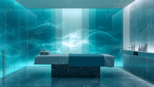 Modern futuristic spa treatment room interior with dark blue tones