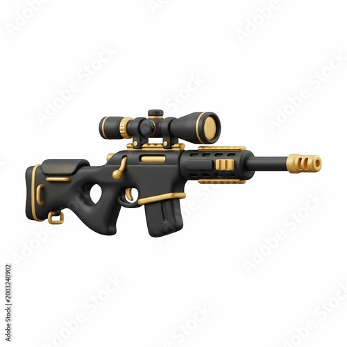 3D illustration of a high-caliber sniper rifle with scope in matte black and gold finish isolated on white background