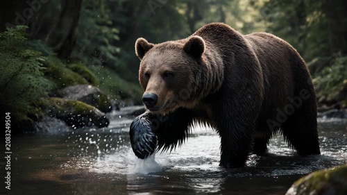 Bear swimming fast in river splashing water wildlife action