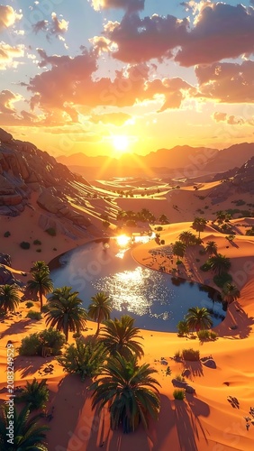 Desert Oasis at Sunset with Palm Trees.