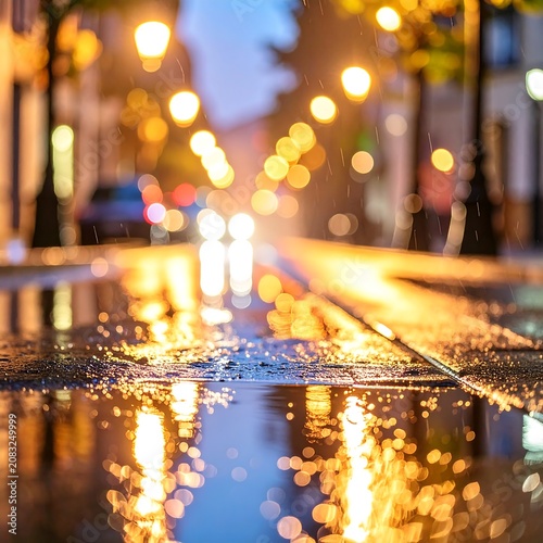 Rainy city street with blurred lights.