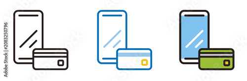 スマートフォンとカードのアイコン。銀行でのアプリ連携や、ショッピングでのカード決済。Smartphone and card icons.
