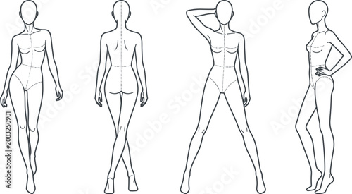Female Fashion Croquis and Model Figure Template Set in Front Back Side Poses for Apparel Design Sketches Line Art Vector Illustrations