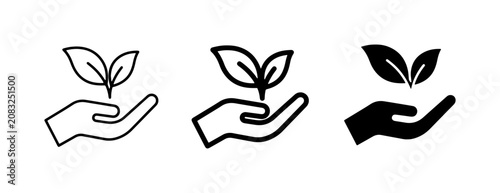 Hand holding seedling icons, growth and care concept, eco-friendly, organic, nature, sustainable development, 3 styles