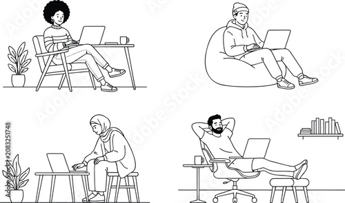 Diverse freelance professionals and students working on laptops from home or remote office in minimalist line art style.