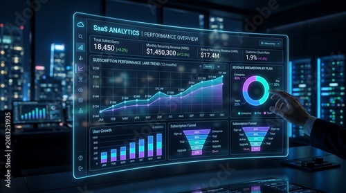 Futuristic financial data analysis on screen.