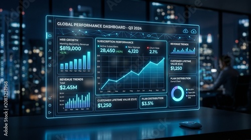 Futuristic financial data display screen.