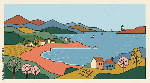 Fotografie Coastal village scenic landscape illustration