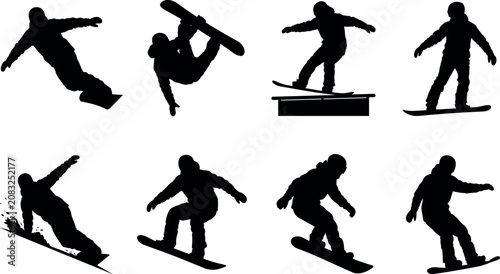 Fotografía Dynamic snowboarder silhouettes performing extreme winter sports tricks and free