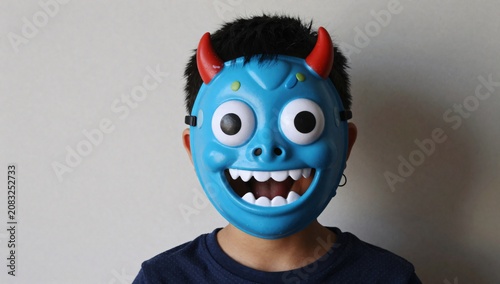 Person wearing a cartoonish blue monster mask with red horns and bulging eyes