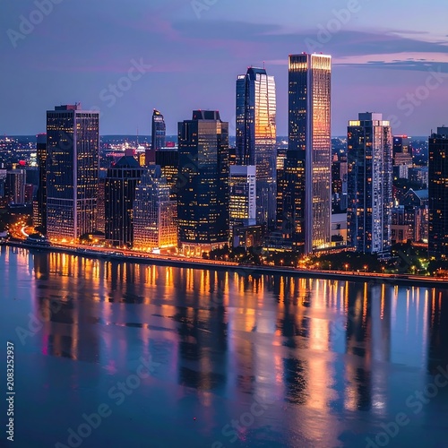 City skyline at dusk with water.