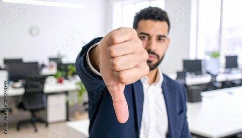 Businessman showing thumbs down gesture, expressing disapproval, rejection or negative feedback in a professional setting