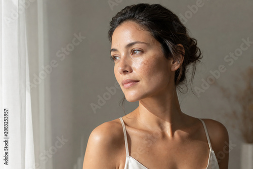 Woman with facial melasma and and hyperpigmentation, natural skin texture. For skincare, dermatology, beauty, and beauty awareness.