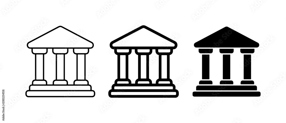 Obraz premium Bank icon set with 3 vector elements, classical courthouse building symbols, financial institution line art icons