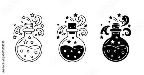 Fotografía Magic potion bottle icons, mystical alchemy elixir set, 3 vector flask illustrat