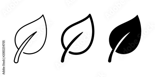 Minimalist leaf icon set, black outline and solid foliage symbols, 3 eco-friendly vector elements