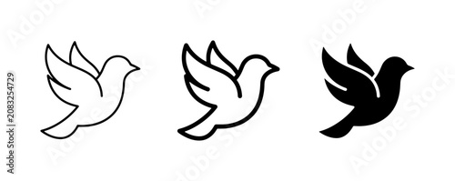 Minimalist bird icons set, flying dove vector symbols, 3 black and white bird outline and silhouette graphics