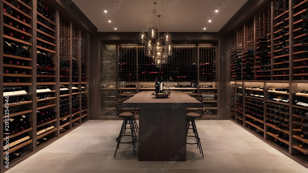 Naklejka premium Luxurious modern wine cellar interior with elegant wooden shelving, extensive bottle collection, central tasting table, and sophisticated lighting