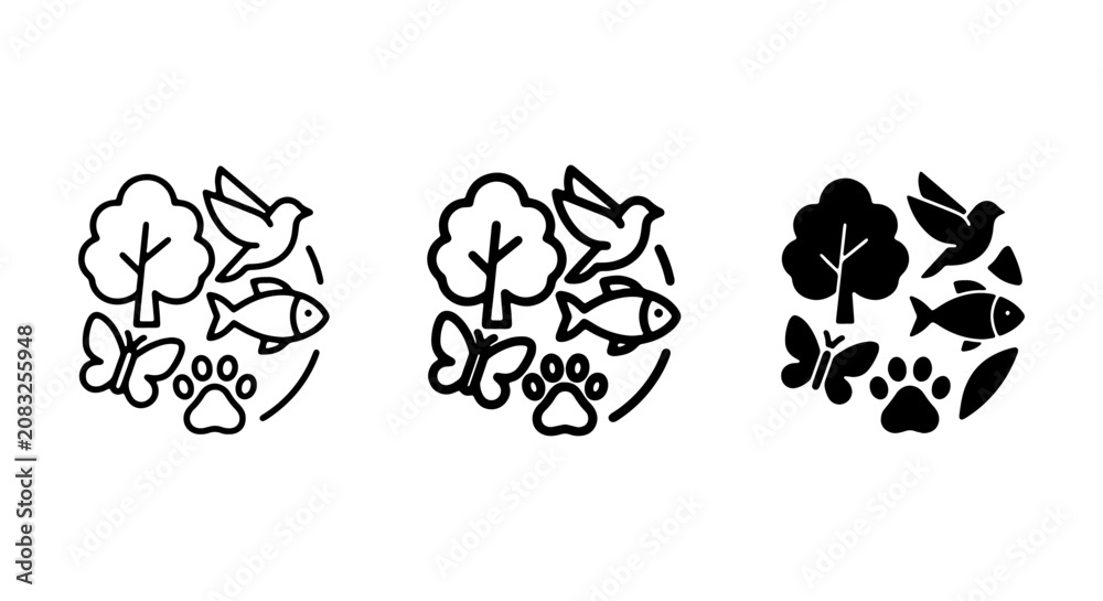 Fototapeta premium Nature Icons Set: Wildlife, Trees, Birds, Fish, Butterflies, Paw Prints, Vector Graphics