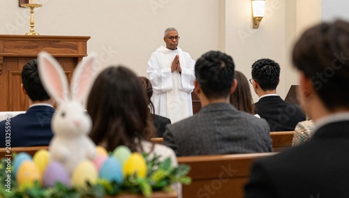 Plakat Priest with praying hands stands before the congregation during Easter mass