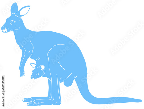 Tableau sur toile A kangaroo with its joey in its pouch; a blue silhouette illustration with sketc