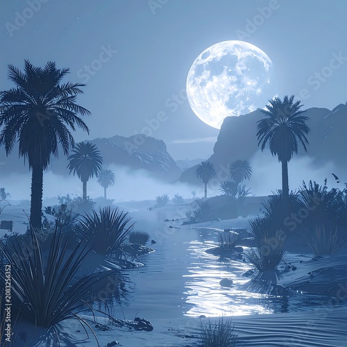 Tropical landscape with full moon rising.