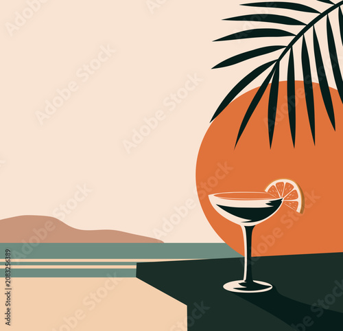 Фотография Stylish minimalist vector illustration of a cocktail with an orange slice against a sunset, palm leaves