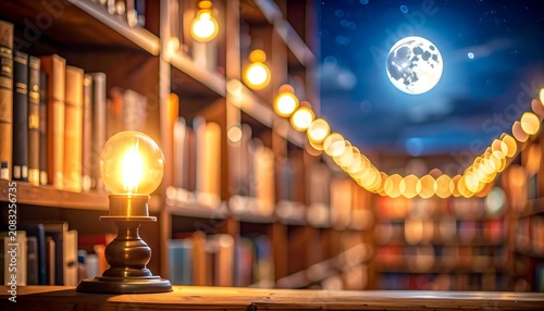 Cozy library with lamp and books.