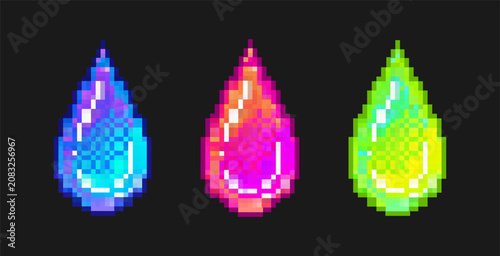 A vibrant pixel art illustration featuring three colorful drops against a dark background, showcasing a retro digital style