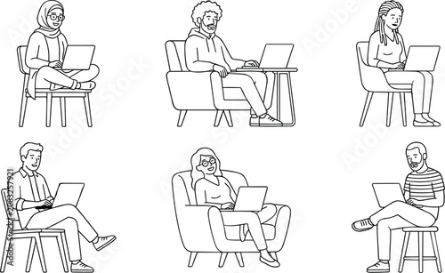 Diverse People Working on Laptops in Different Seating Positions and Indoor Environments Outline Vector Illustration Set.