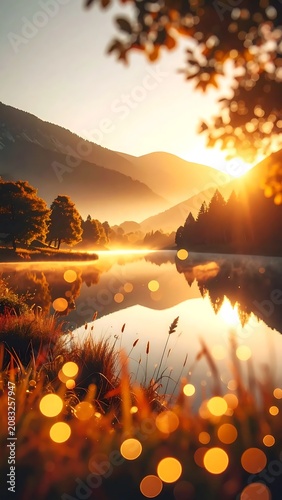 Serene sunset over calm lake water.