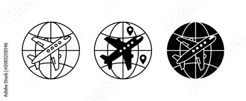Konstfotografi Airplane Travel Icons, Global Flight Routes, World Map Pins, Vector Set for Avia