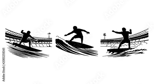 Silhouette of surfer riding a wave in action sequence.