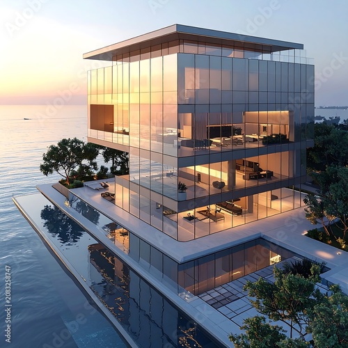 Modern luxury glass house by ocean.