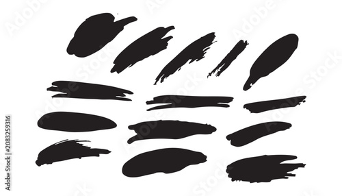 Schilderij op canvas Set of Black Ink Splashes Black and White Chalk Paint Brushes and Feather Vector