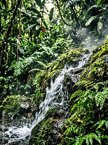 Waterfall in a lush green forest.