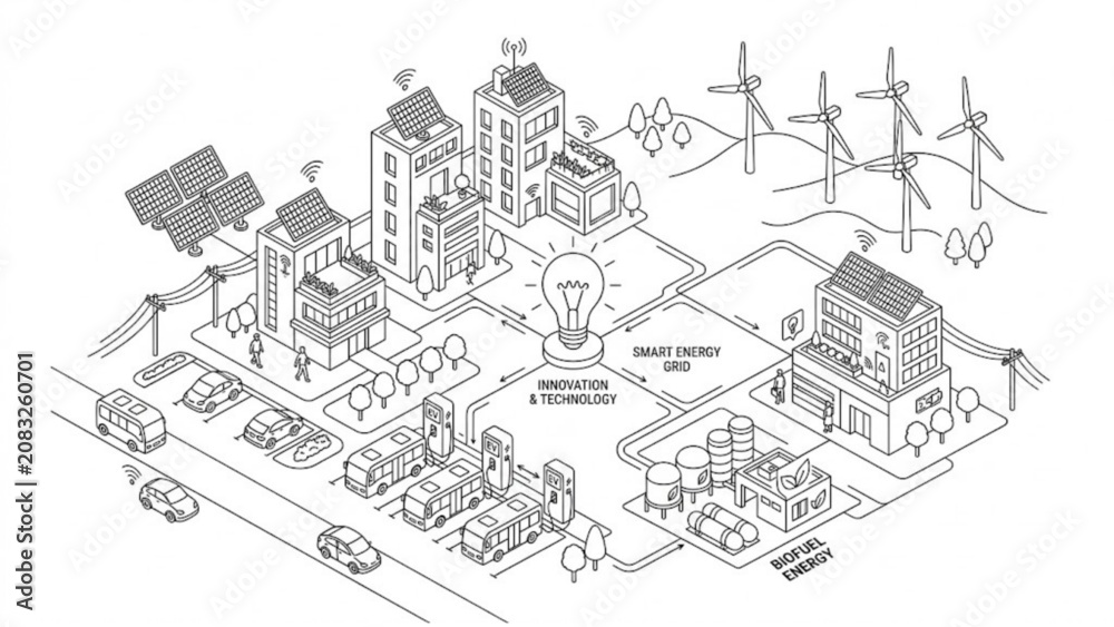 Fototapeta premium Isometric Eco Energy Smart City Concept Vector Set Renewable Power Grid, Electric Car, and Green Technology Infrastructure Illustration Pack