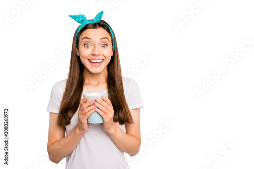Canvastavla Portrait of amazed astonished girl have fun with her friends listen share news r