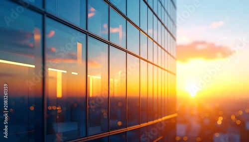 Modern office building at sunset cityscape.