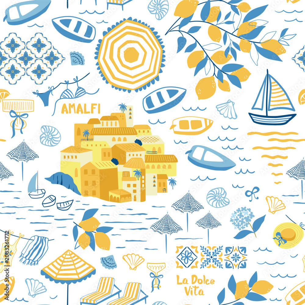 Fototapeta premium Mediterranean la dolce vita yellow and blue seamless pattern. Amalfi coast with Italian city, ceramic tile, coastline, lemon tree, beach, sea waves, sailboat, summer beach elements. Vector wallpaper